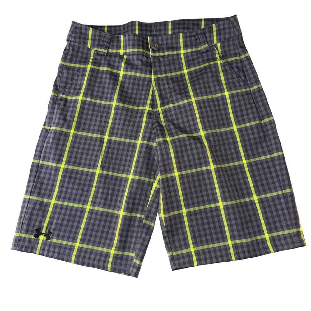 Under Armour Golf Shorts Youth Large Grey Neon Yellow Plaid Performance 1270515